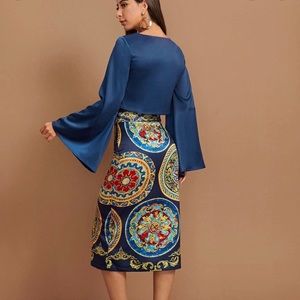 NWOT SHEIN Bell Sleeve Top with Tribal Print Skirt